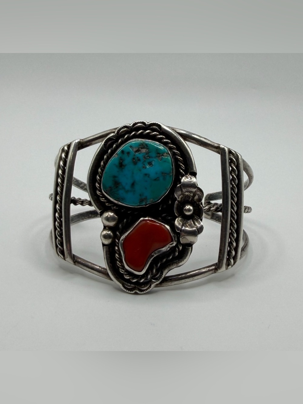 Navajo 925 Sterling Silver Bracelet - Turquoise & Coral